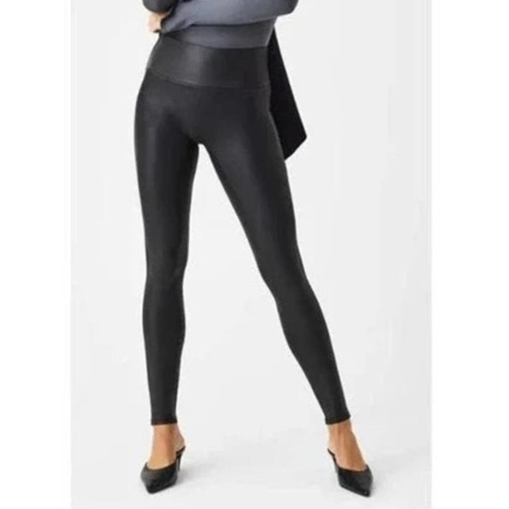 Spanx Faux Leather Leggings Black Wide Band Size Small